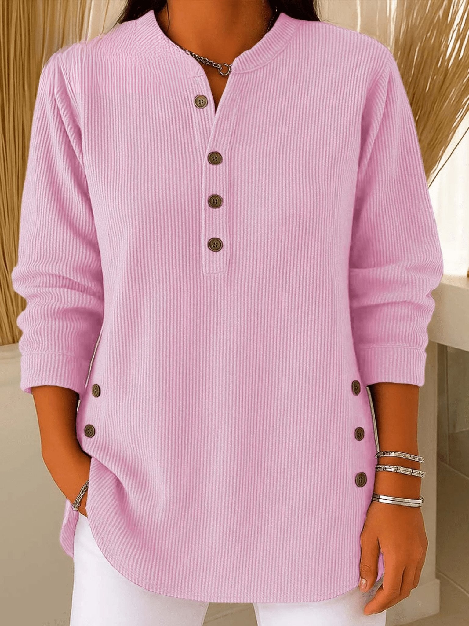 Camila | Women's Relaxed-Fit Longline Henley Ribbed Tunic Top